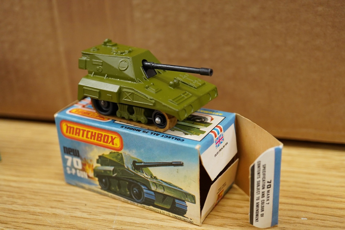 Twelve boxed Matchbox Superfast and Rola-matics 1-75 vehicles; Seafire (5), VW Golf (7), the Londoner bus (17), refuse truck (36), zoo truck (35), camper (38), horsebox (40), police launch (52), airport coach (65), S-P G